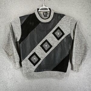 VTG Alan Stuart Knit Sweater Men M Acrylic Black Gray Color Block Grandpa 90's